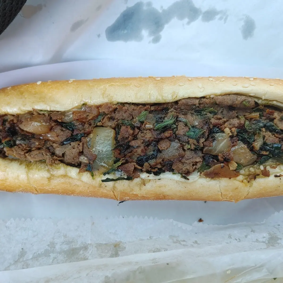 Cheese Steak Sauteed Spinach and Fried Onions