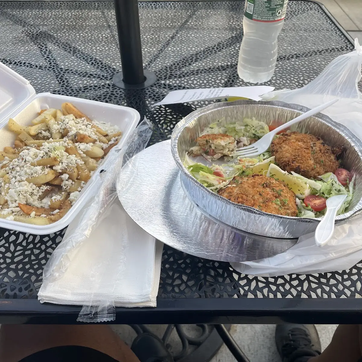 Crab Cakes & Greek Fries with Cheese