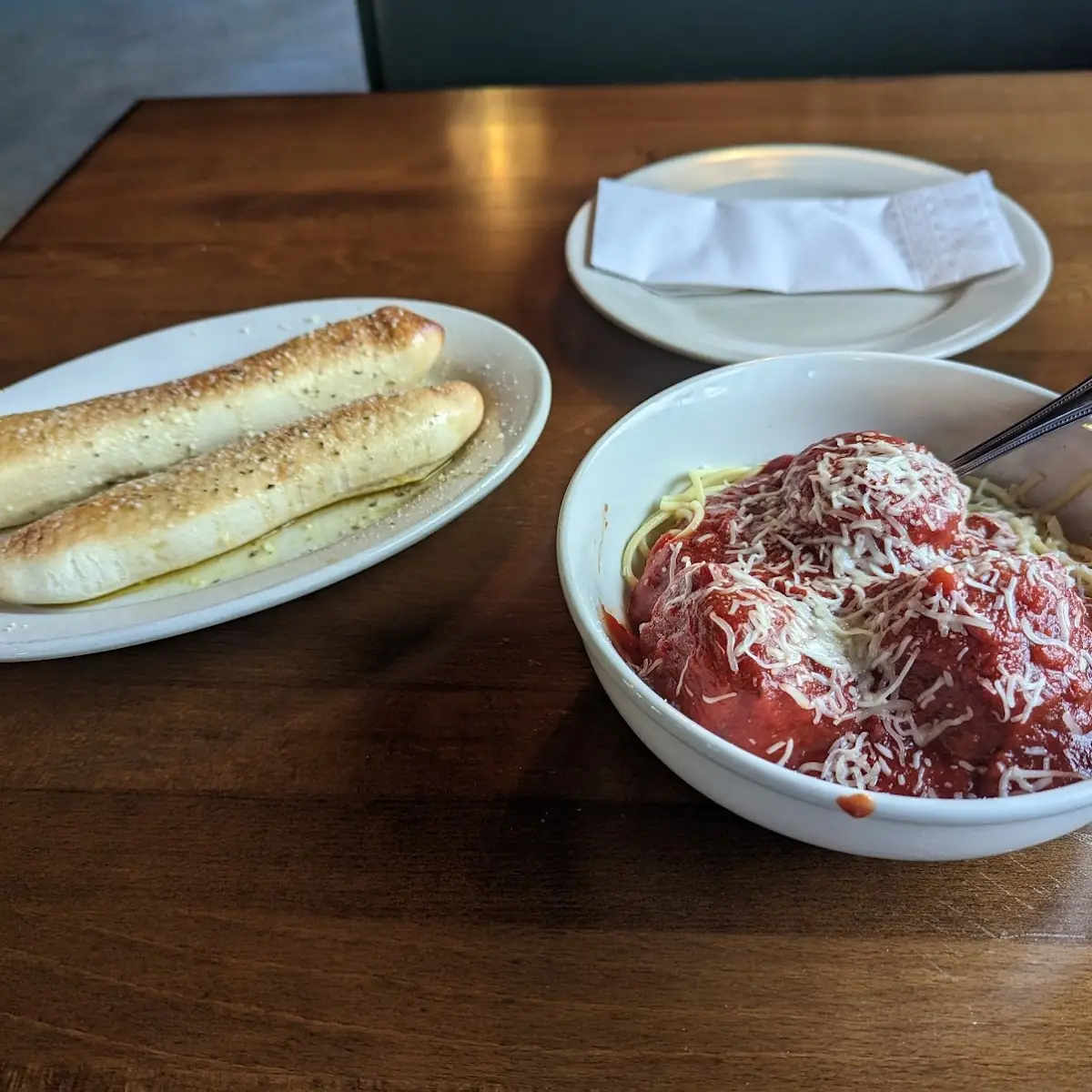 Spaghetti and Meatballs with Bread Sticks