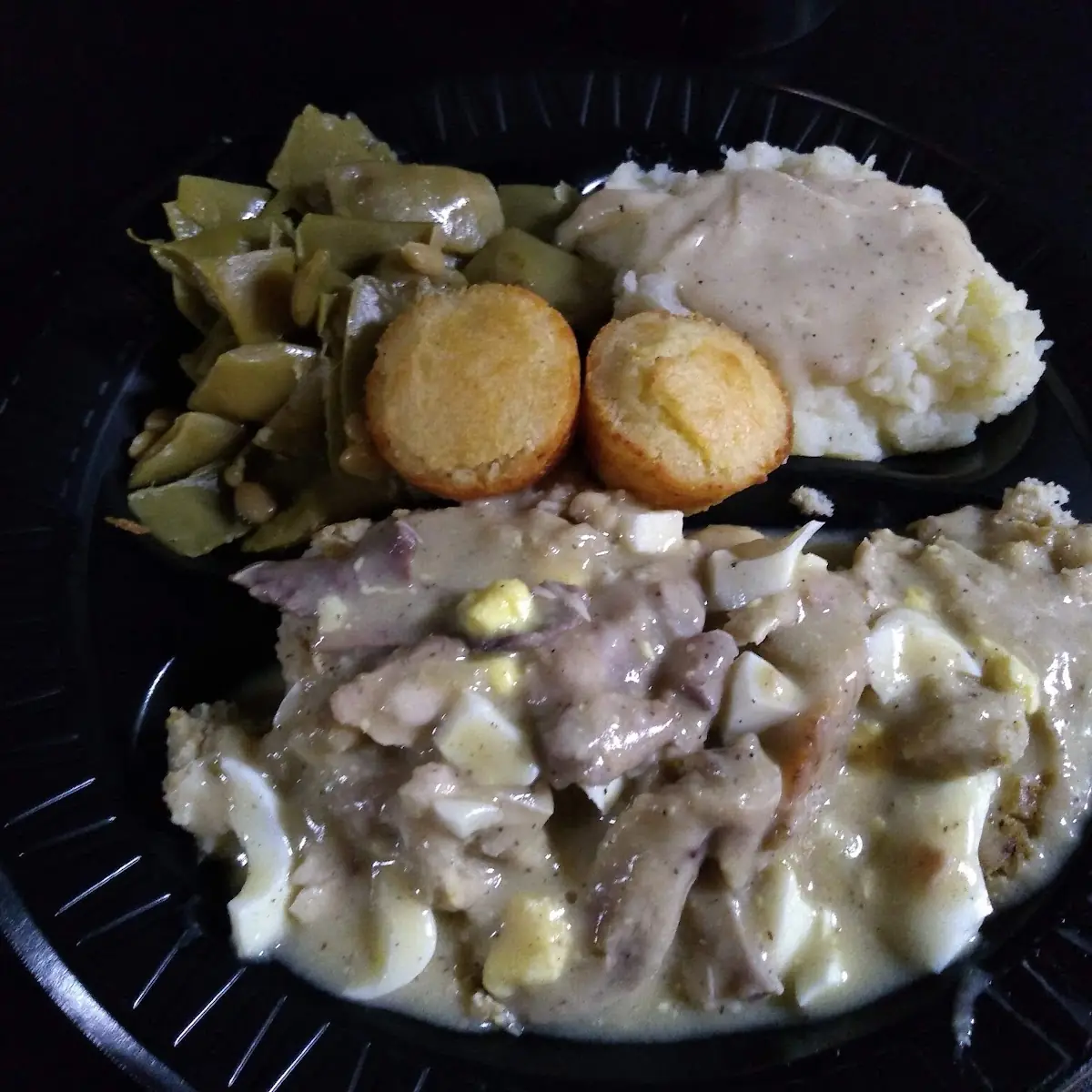Chicken and Dressing Green Beans Mashed Potatoes