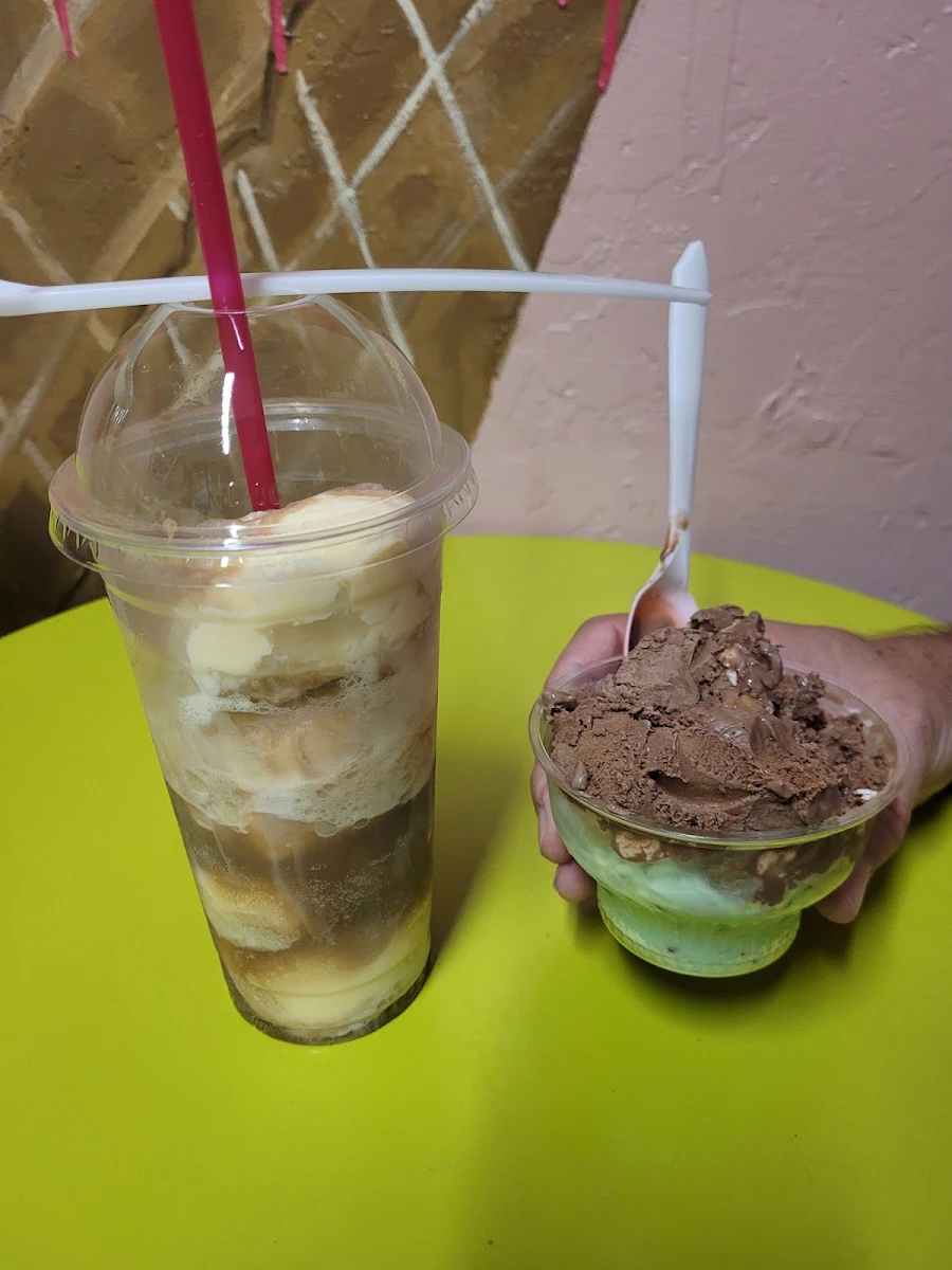 Root Beer Float and Double Scoop Mint Choco Chip and Rocky Road