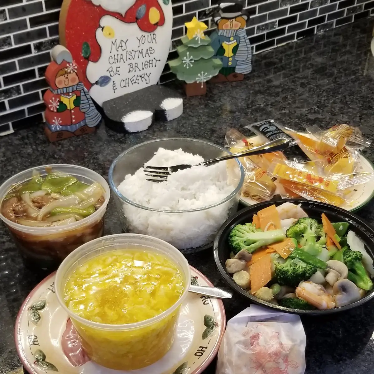 Egg Drop Soup Pepper Steak Steamed Vegetables