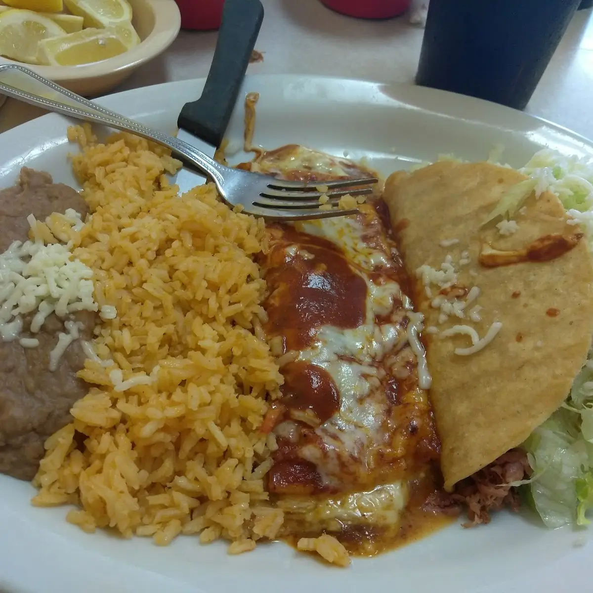 One Burrito One Enchilada Rice and Beans