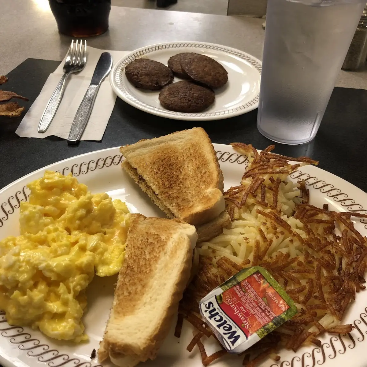 Eggs Ham Hash Browns Toast Waffle Peanut Butter