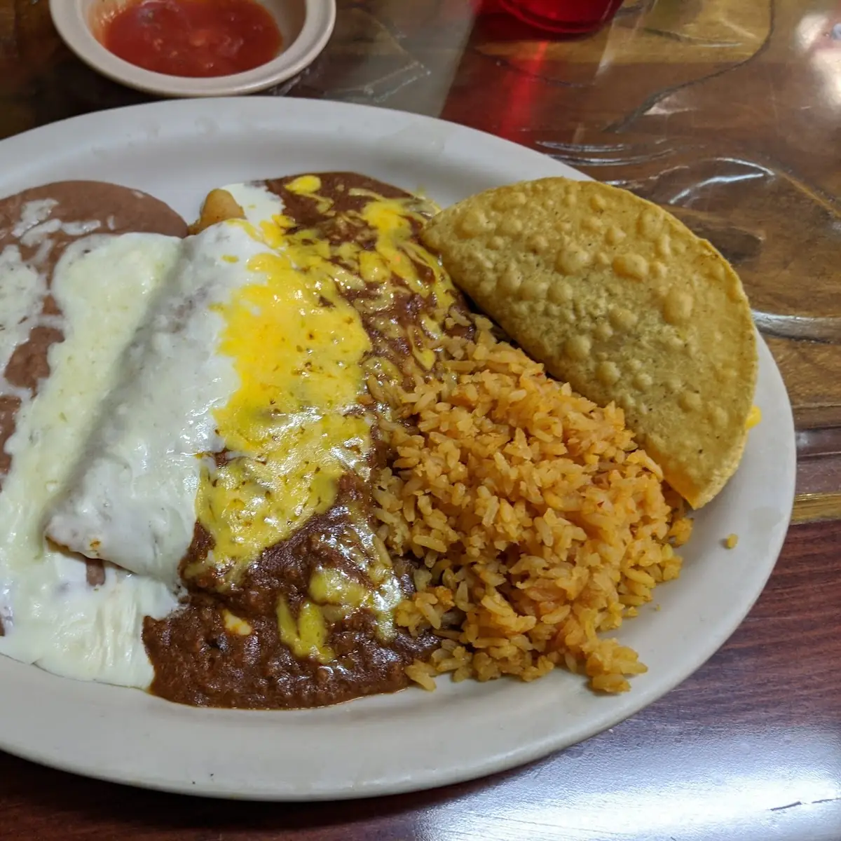 Chicken Enchilada Plate with Rice and Beans