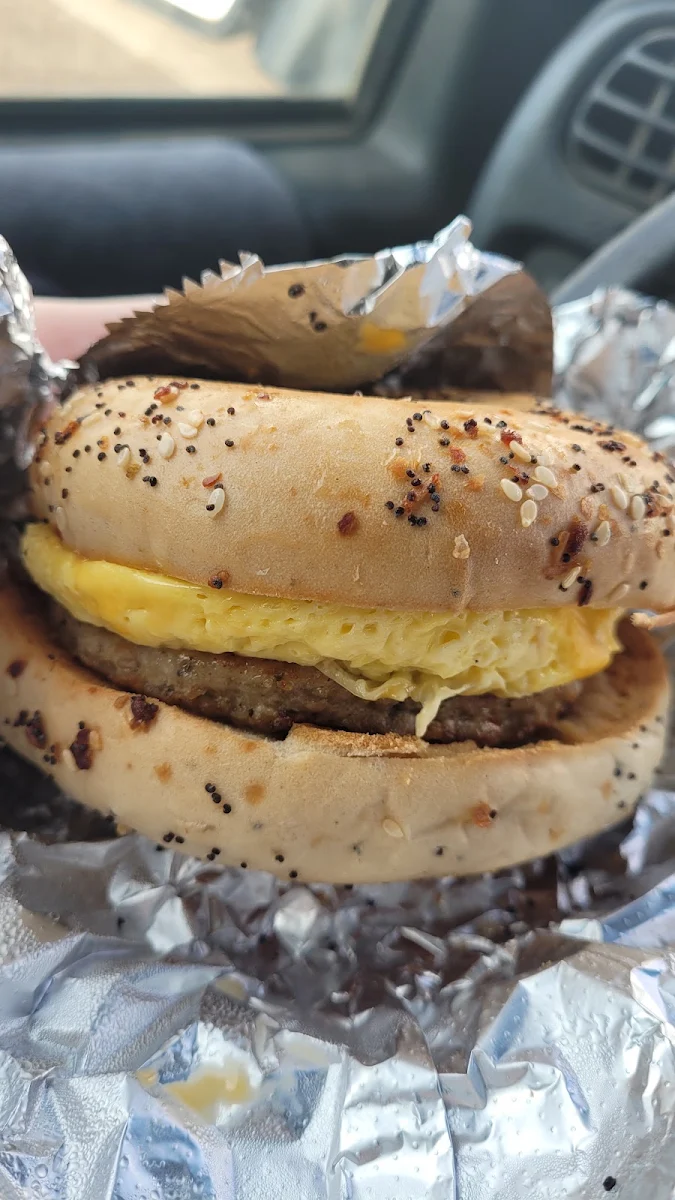 Sausage and Egg and Cheese in Everything Bagel