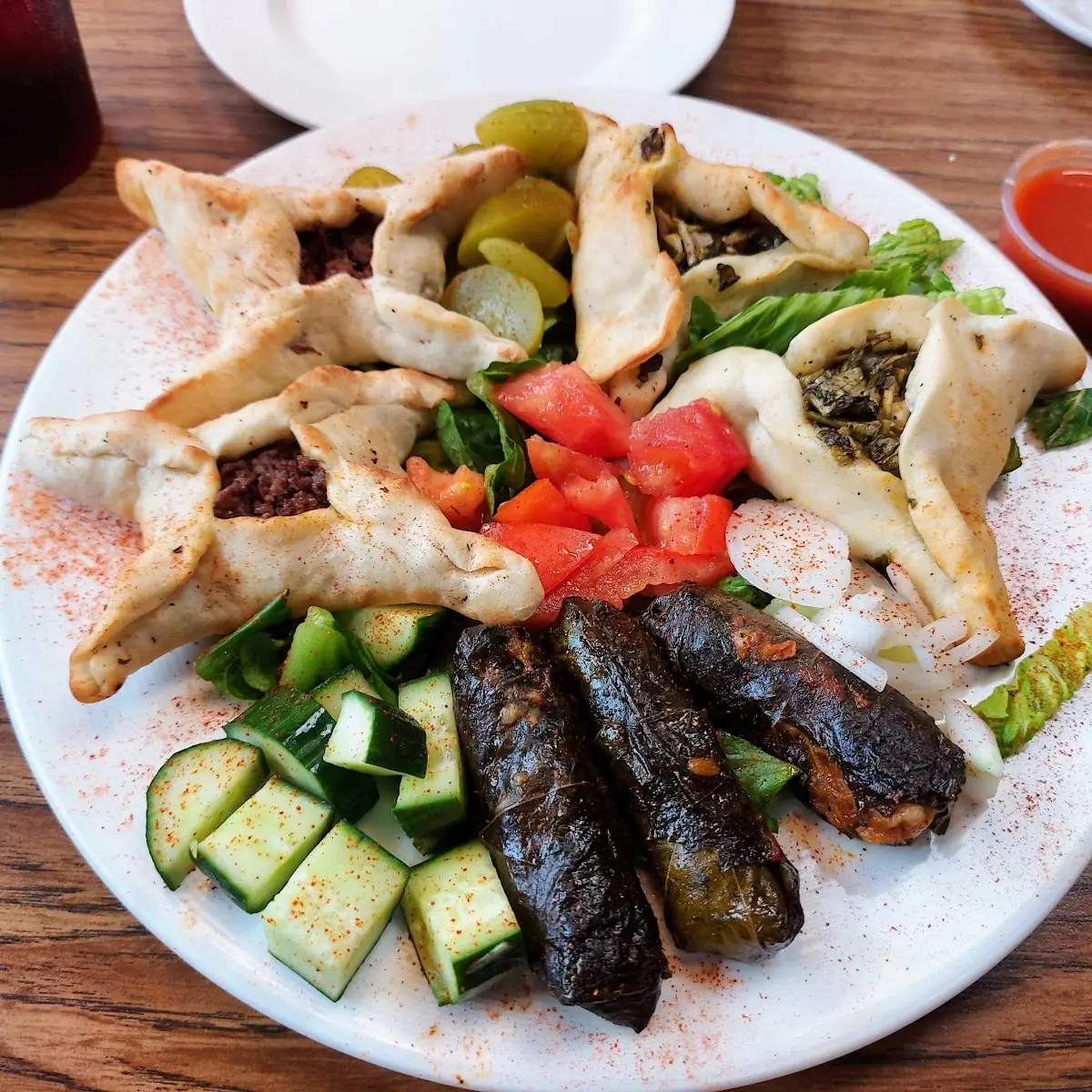 Sampler Platter Meat Pie Spinach Pie Grape Leaves