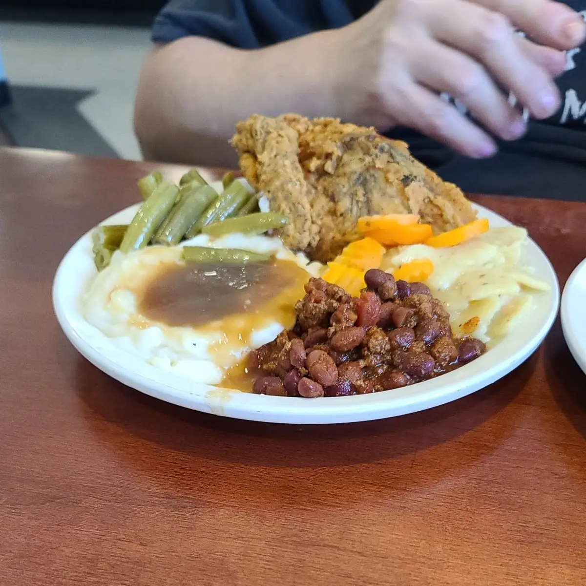 Fried Chicken Green Beans Mashed Potatoes Baked Beans Carrots