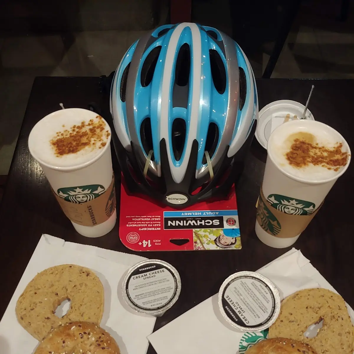 Hot Macchiato and Cream Cheese Bagel