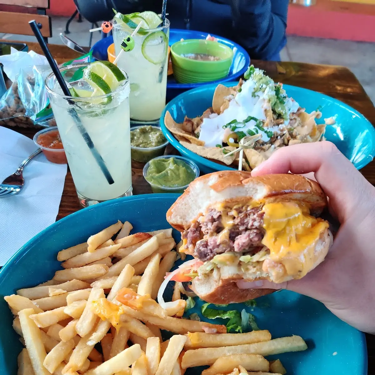 Double Cheeseburger 2 Margaritas 2 Tacos Nachos with Chicken
