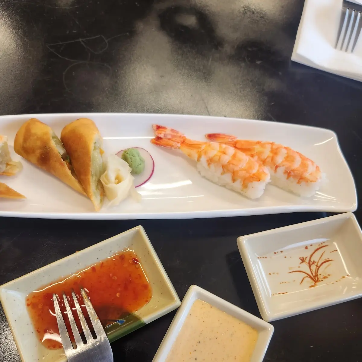 Egg Rolls and Shrimp Sushi