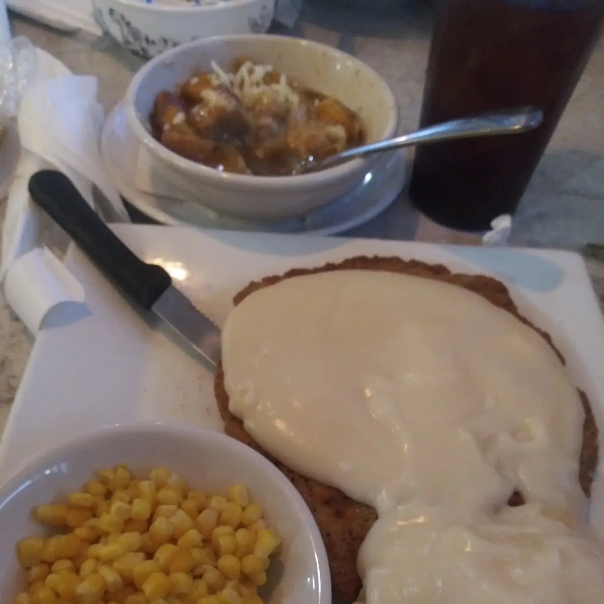 Country Fried Steak Mashed Potatoes and Gravy and Corn