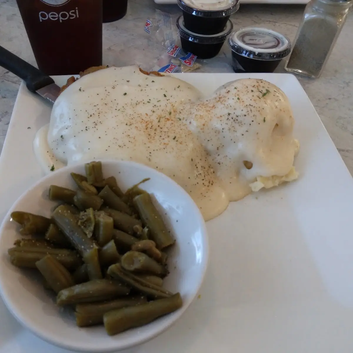 Country Fried Steak Mashed Potatoes and Gravy and Green Beans
