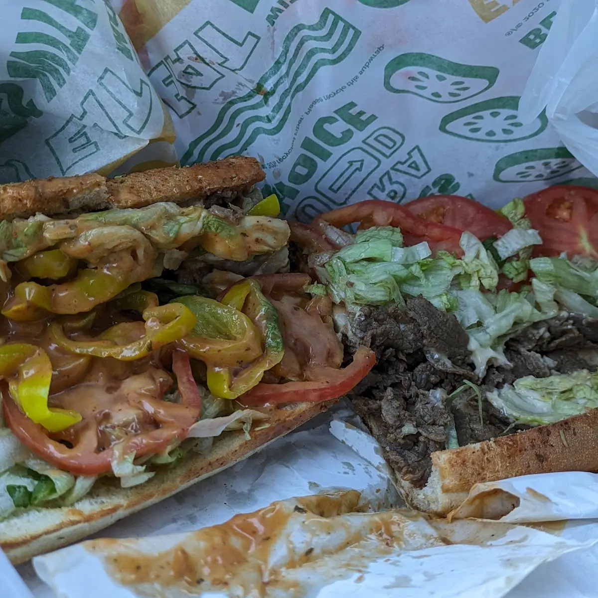 Cheese Steak Sandwich with Extra Meat Banana Peppers Lettuce and Tomato