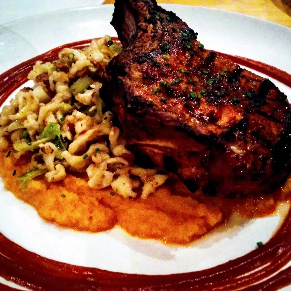 Pork Chop w Spatzle Collards & Bacon