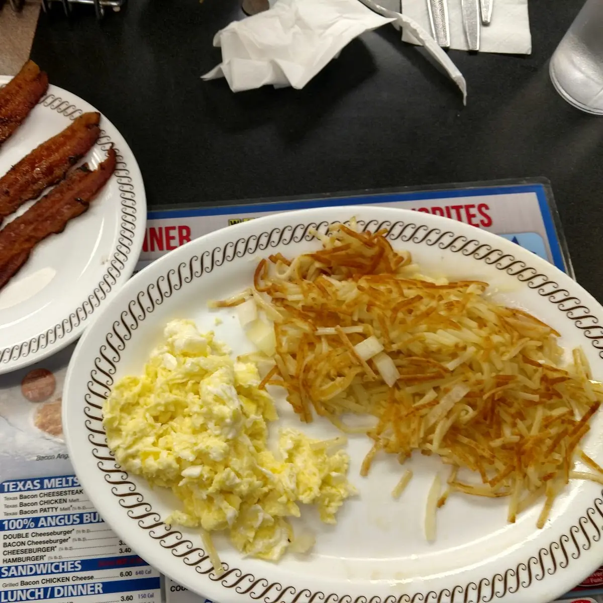 Two Scrambled Bacon Hash Browns with Onion