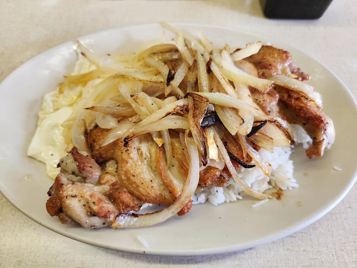 Chicken Steak 2 Eggs over Rice with Grilled Onions