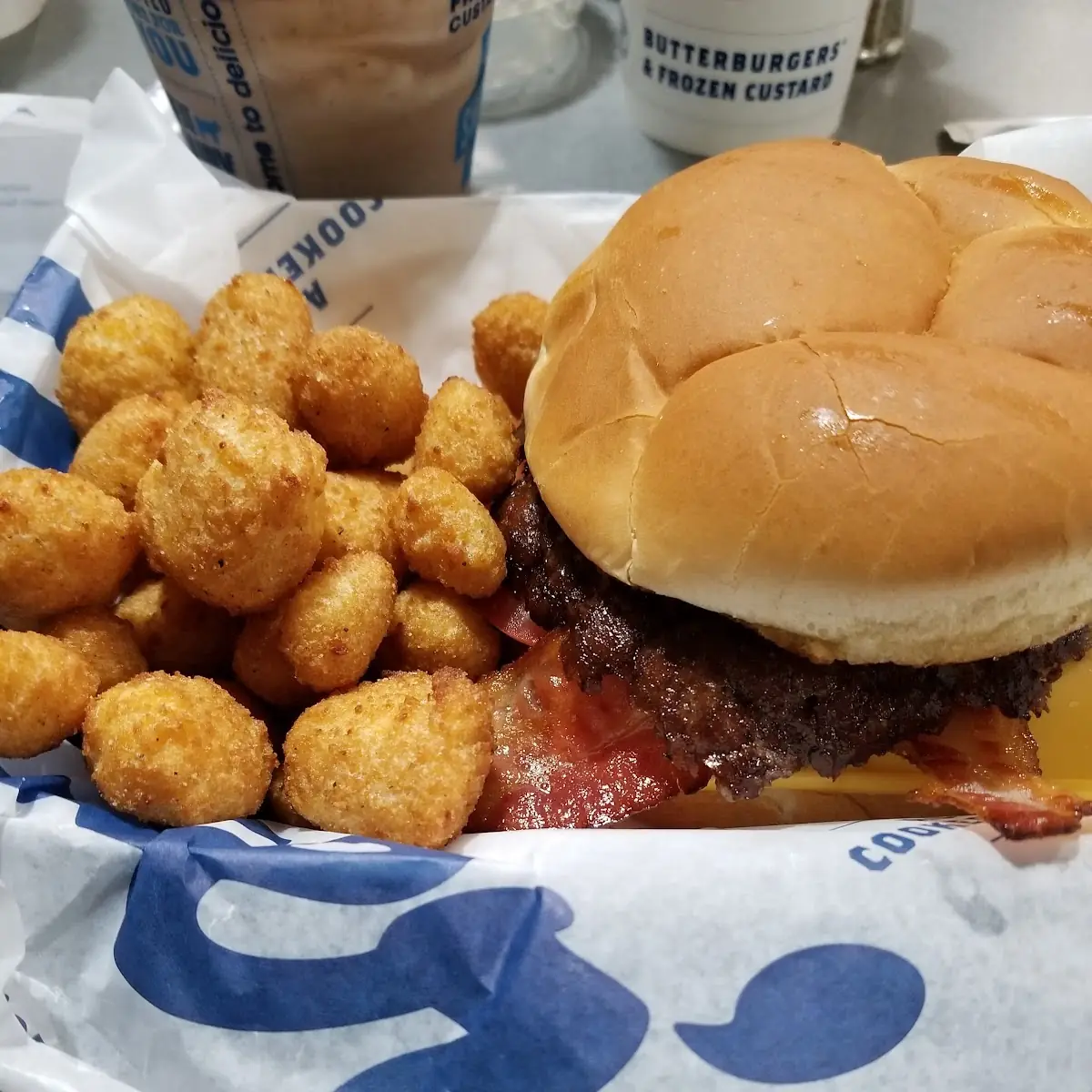 Single Bacon Cheese Butterburger with Cheese Curds and Ranch Dressing
