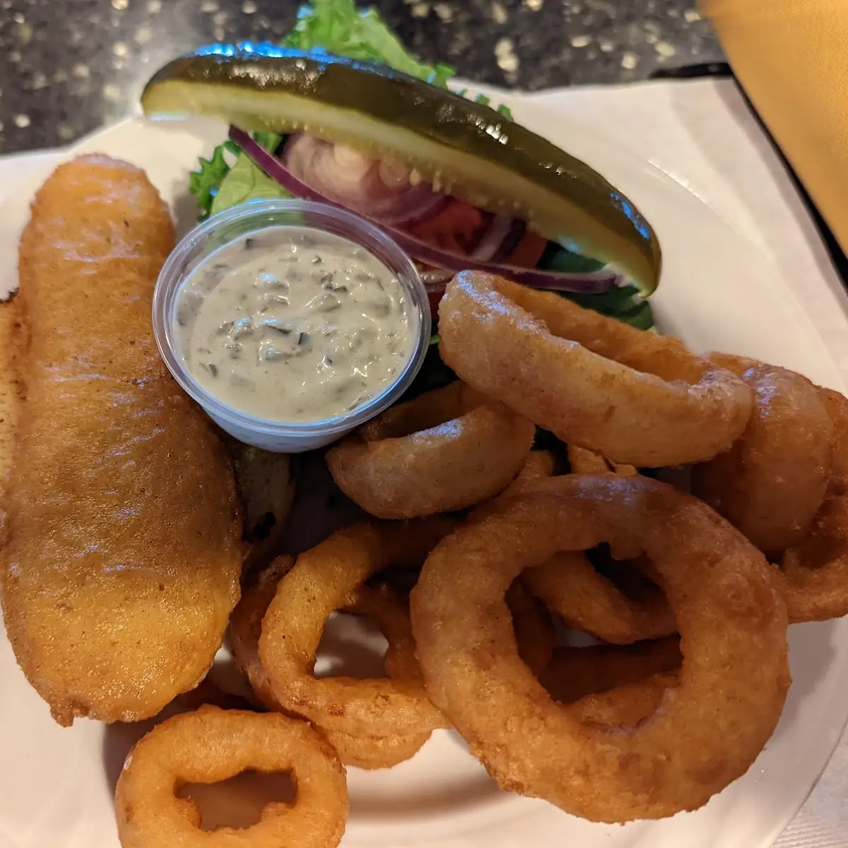 Fried Fish Sandwich & Onion Rings