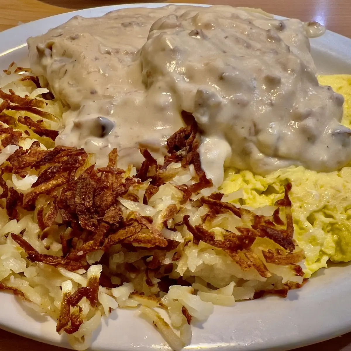 Biscuits and Gravy with Scrambled Eggs and Hash Browns