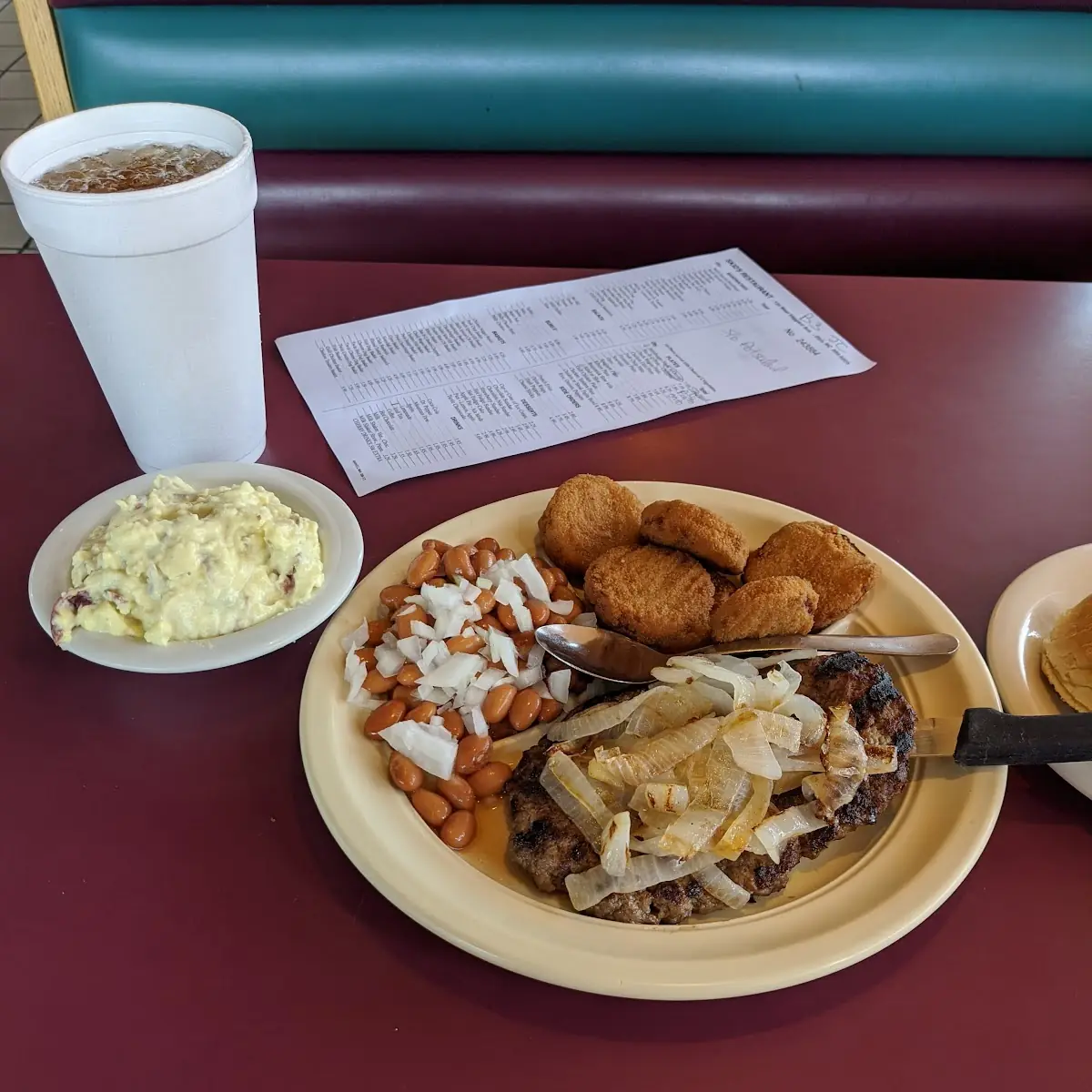 Hamburger Steak Fried Squash Pintos and Onions