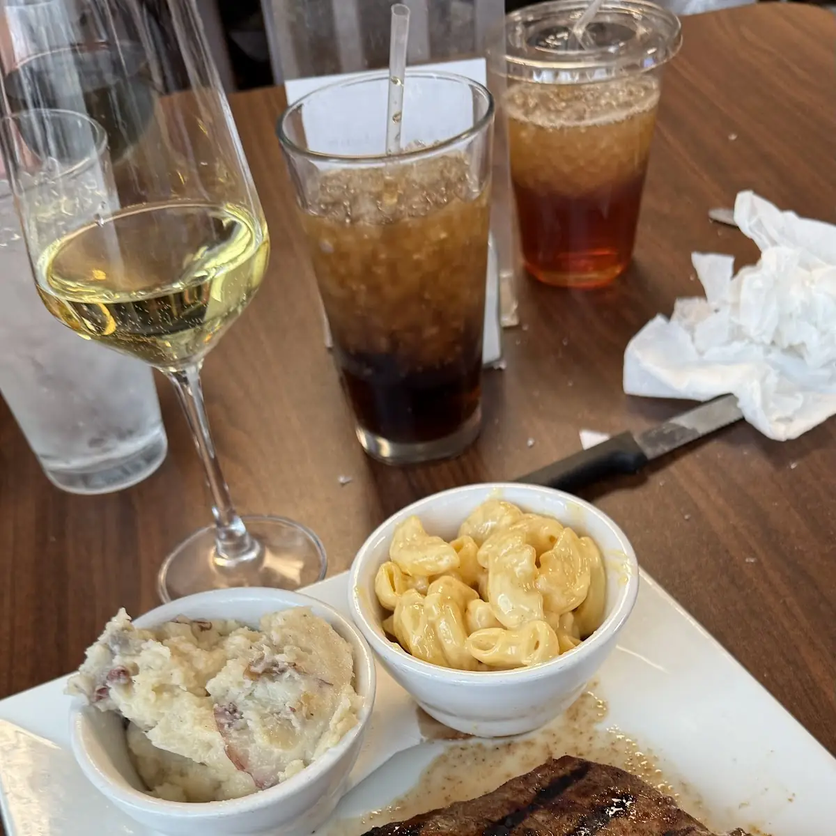 New York Strip with Mashed Potatoes and Mac and Cheese