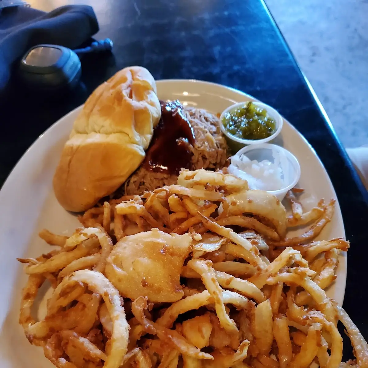 Pulled Pork Sandwich with Onion Rings