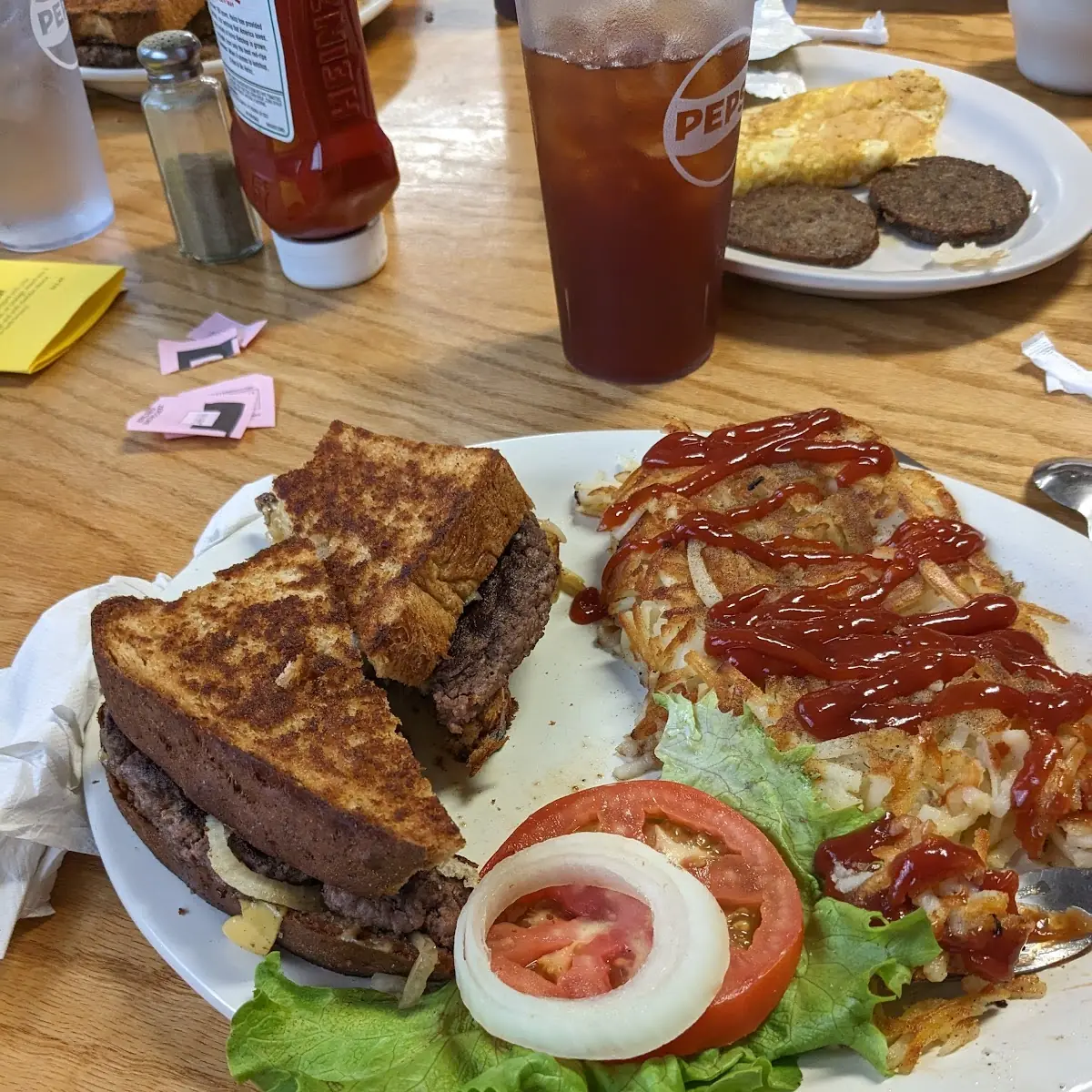 Patty Melt Sandwich and Hashbrowns