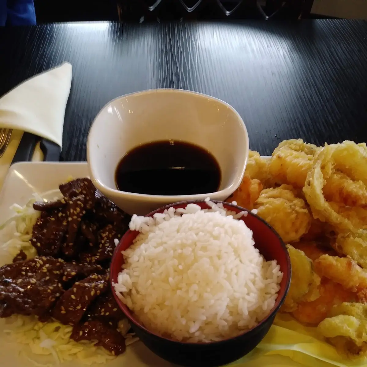 Beef Teriyaki with Tempura Vegetables & Shrimp with Regular or Spicy Sauce