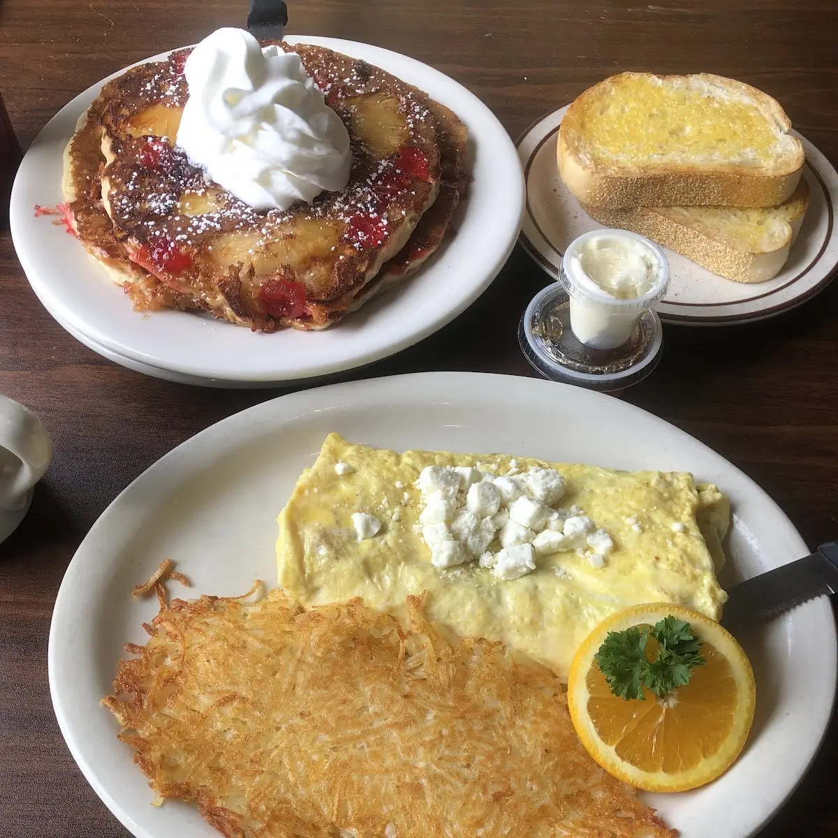 Feta Cheese Omelette with Spinach Hash Browns and Pineapple Upside Down Pancakes