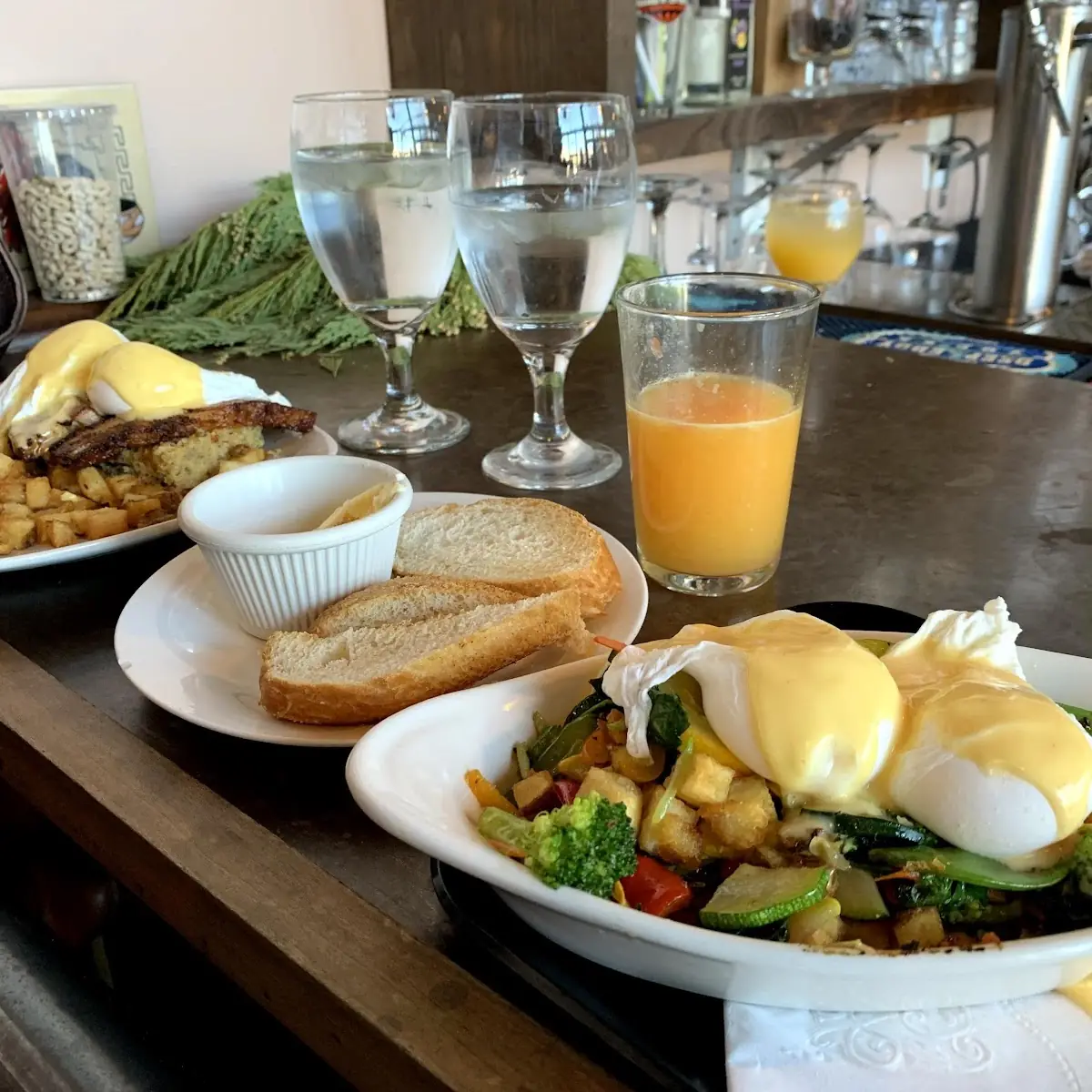 Veggie Hash Front Pork Belly Benedict Back and Toast and Fresh Squeezed Orange Juice