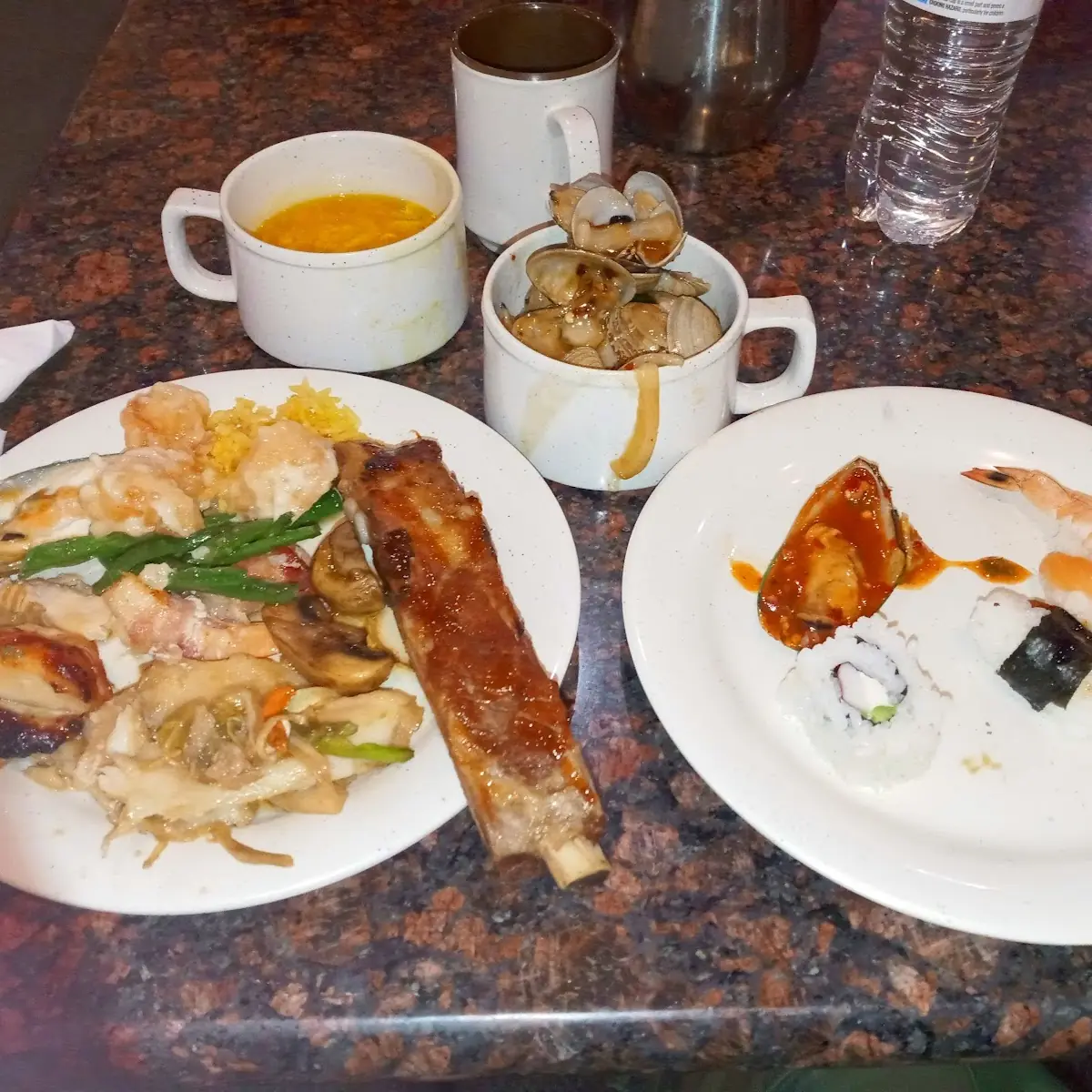 Assorted Buffet Items and Sushi
