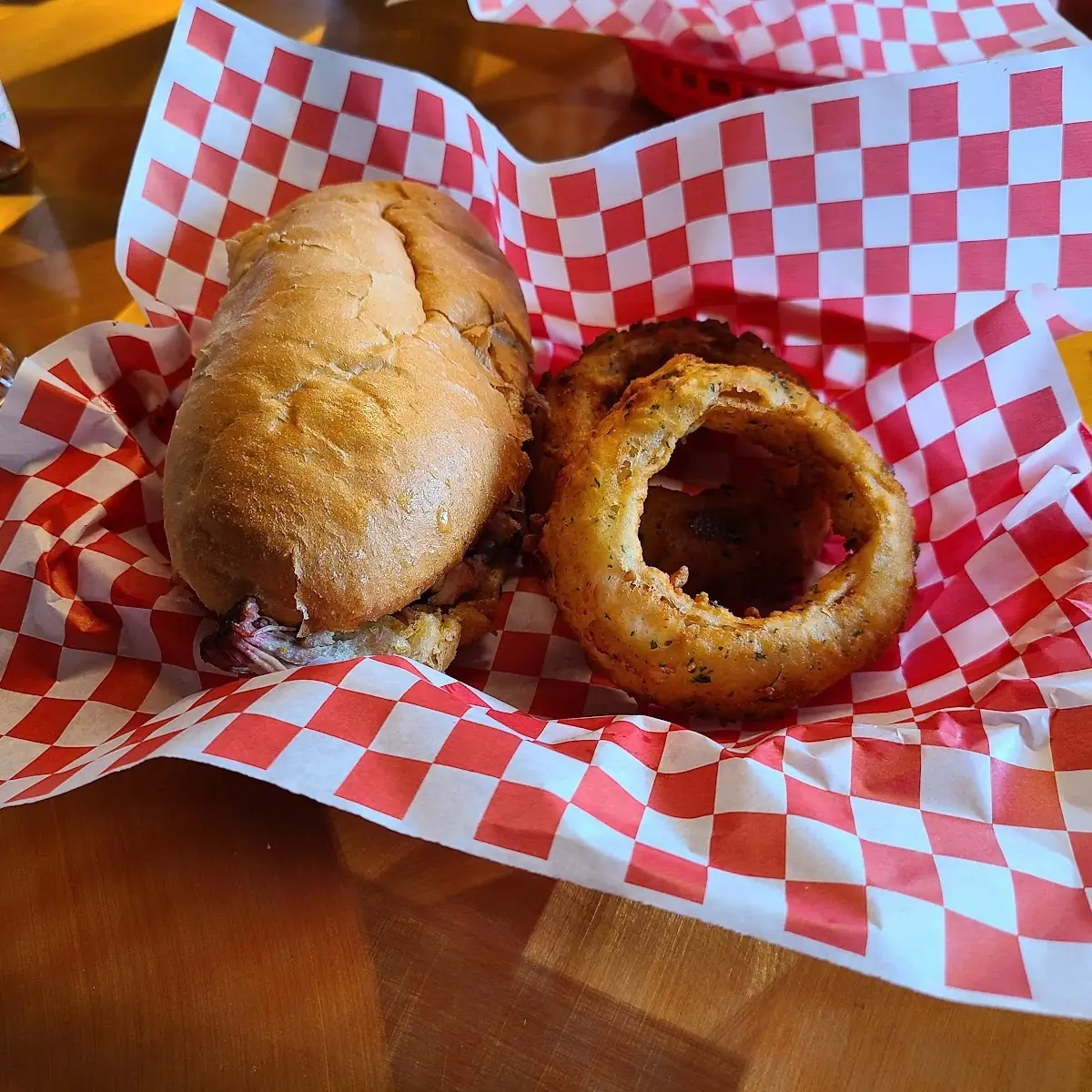 Pulled Pork Sandwich and Onions Rings