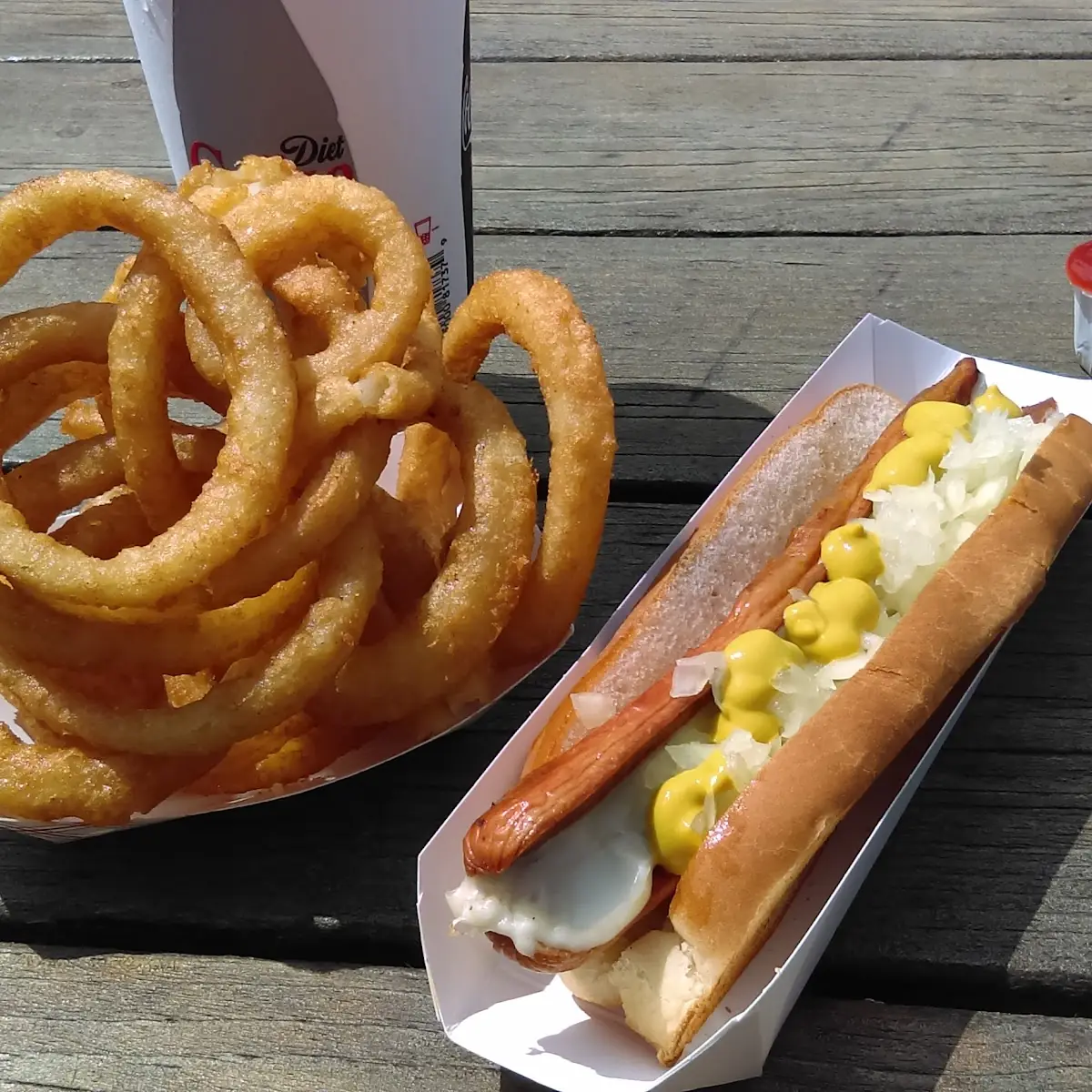 Split Grilled Hot Dog with Onion Rings
