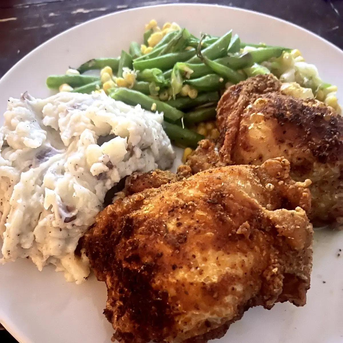 Jerk Fried Chicken and Mashed Potatoes with Green Beans
