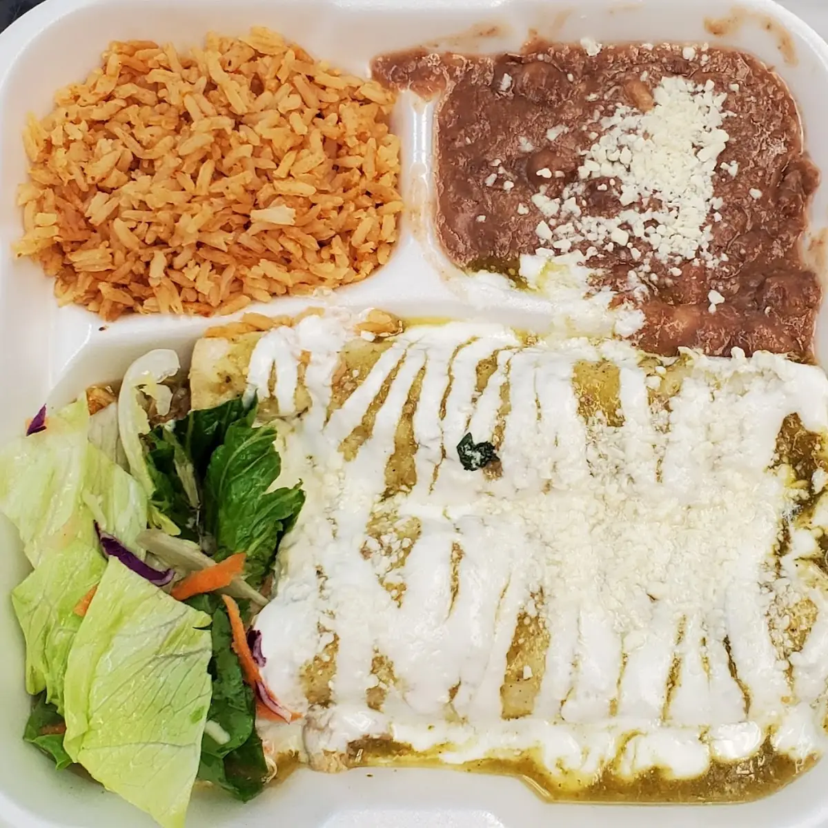 Chile Verde Enchiladas Rice & Beans
