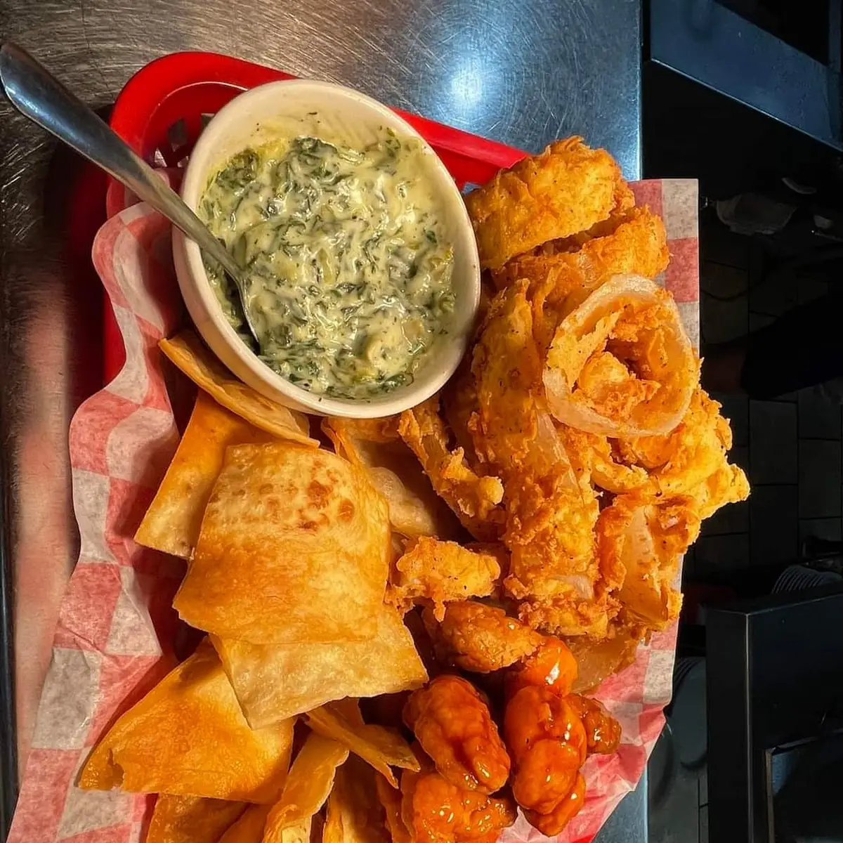 Spinach Artichoke Dip Wings and Onion Ring Appetizer Sampler