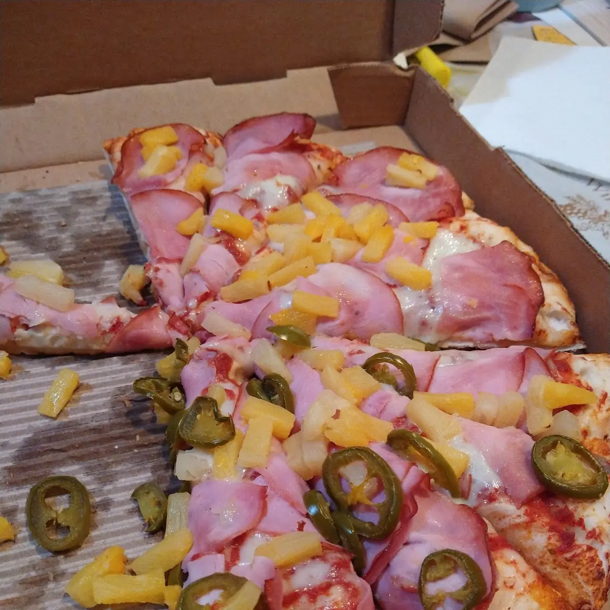 Hawaiian Pizza with Jalapenos on Half