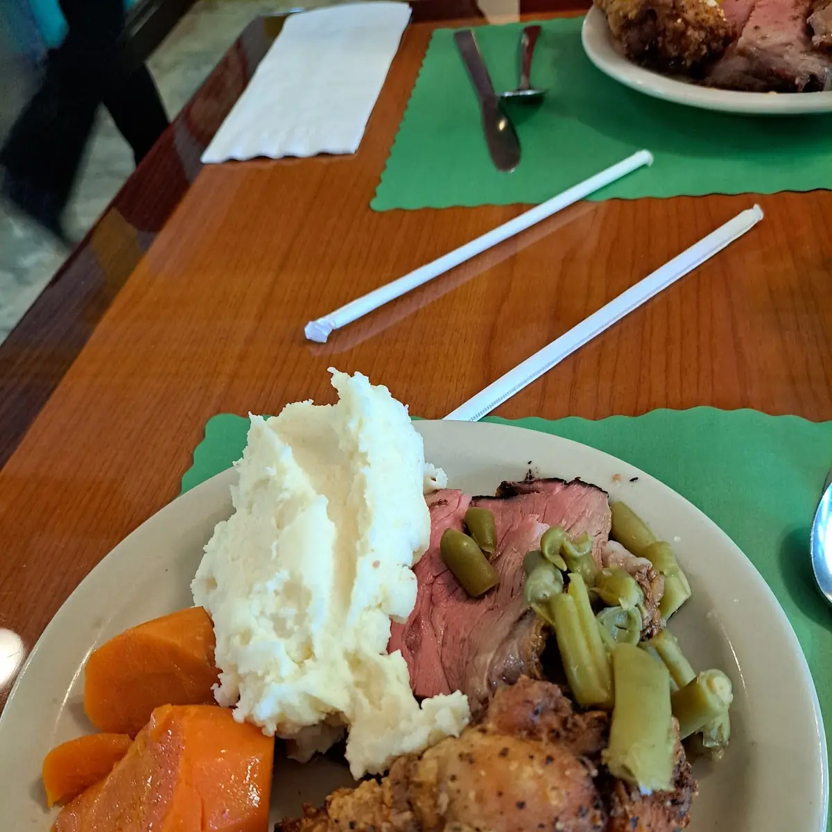 Roast Beef Mashed Potatoes Sweet Potato Green Beans Fried Chicken