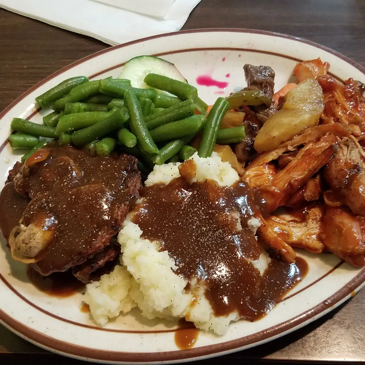 Monday Buffet Chop Steak BBQ Chicken Mashed Potatoes and Green Beans