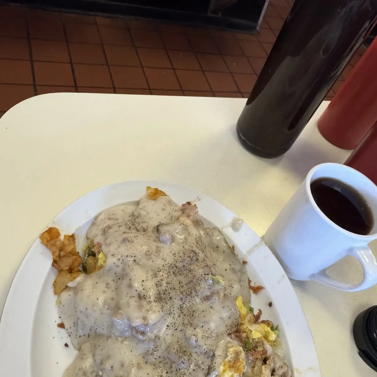 Potatoes Gravy Eggs and Bacon