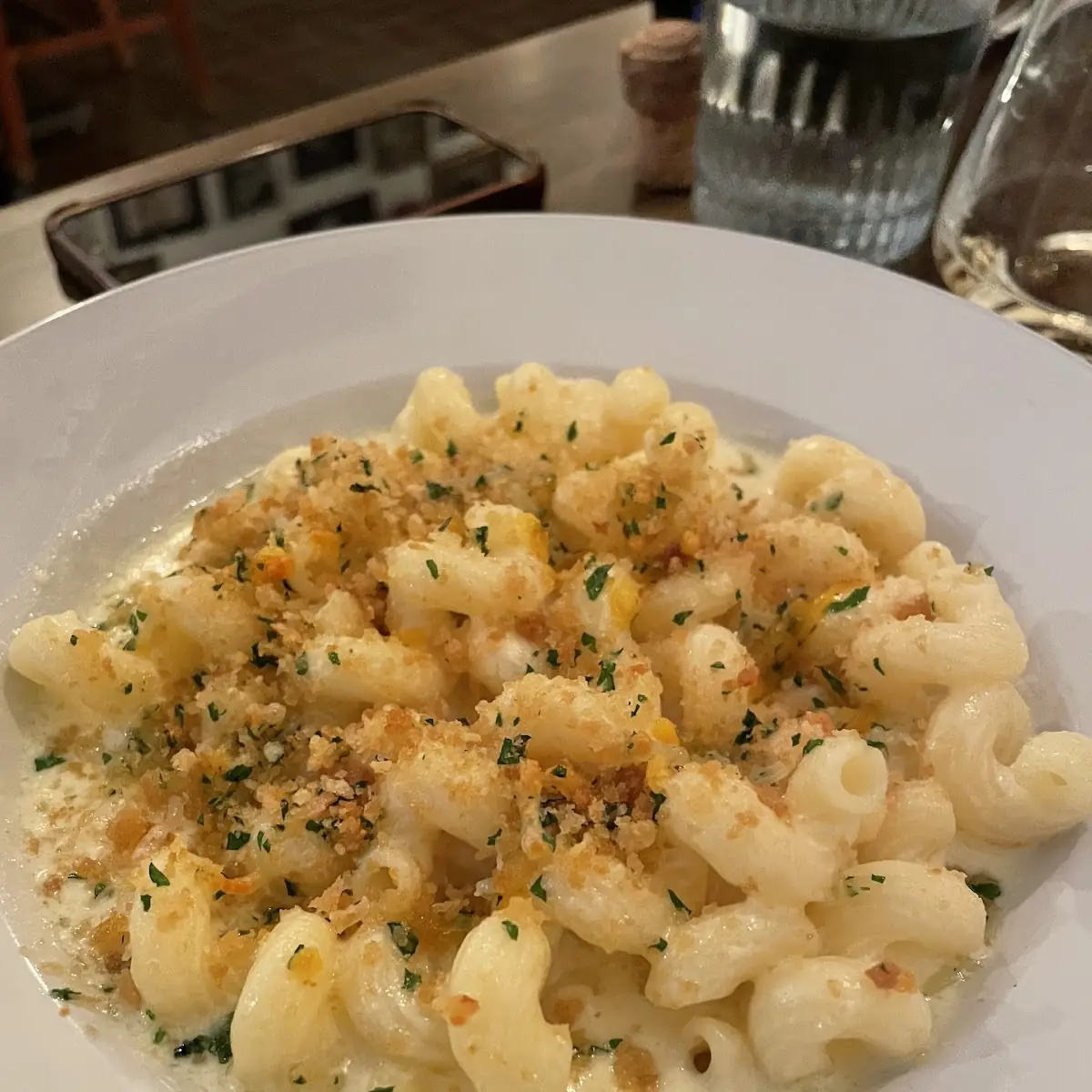 Trois Fromage Mac & Cheese Creamy Three Cheese Sauce over Cavatappi Noodles Bread Crumbs