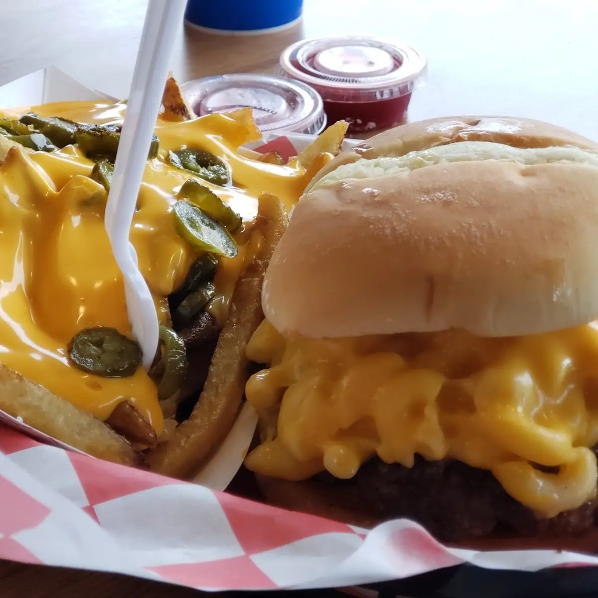 Mac & Cheese Cheeseburger and Fries