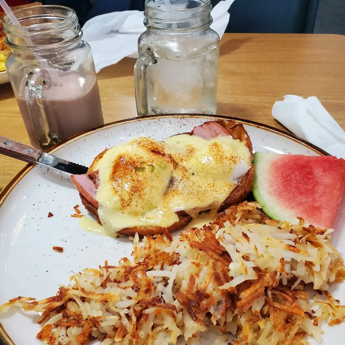 Croissant Benedict and Hash Browns