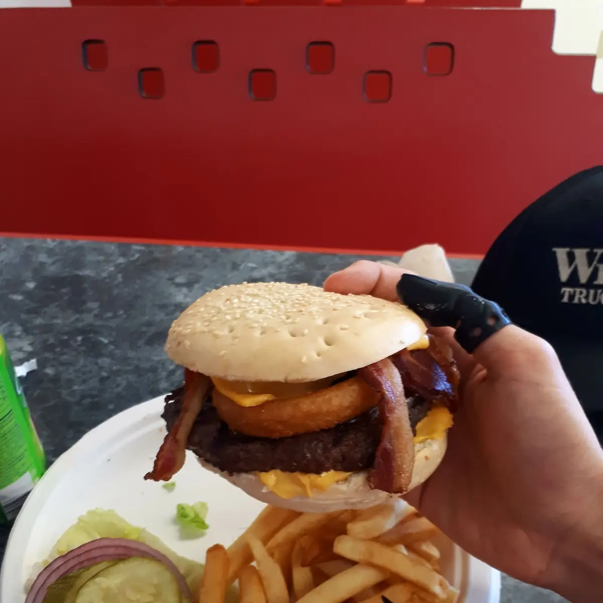 BBQ Bacon Cheddar Burger and Fries
