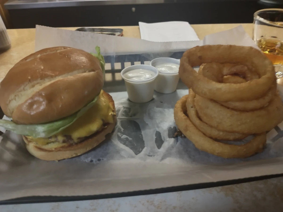 Cheeseburger with All Topping Onion Rings and Ranch Dipping Sauce