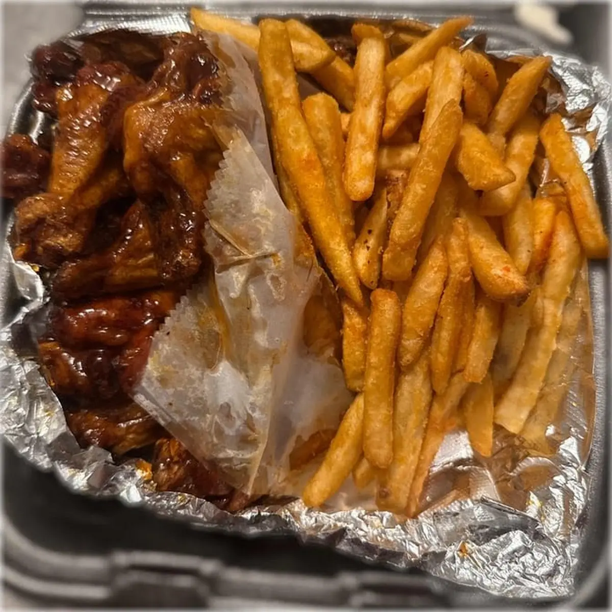 Barbecue Chicken Wings and Fries
