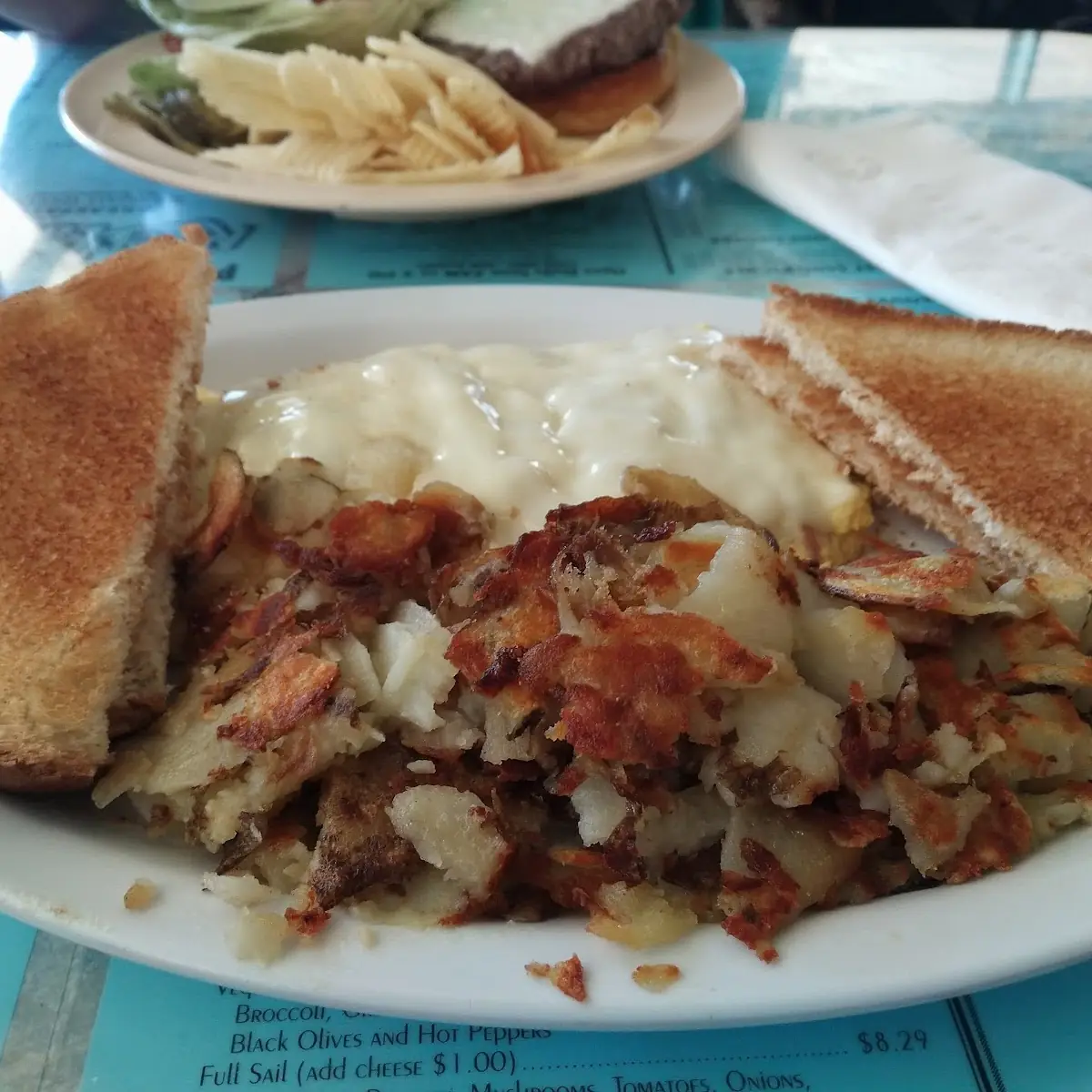 Eggs Toast Hash Browns and Sausage