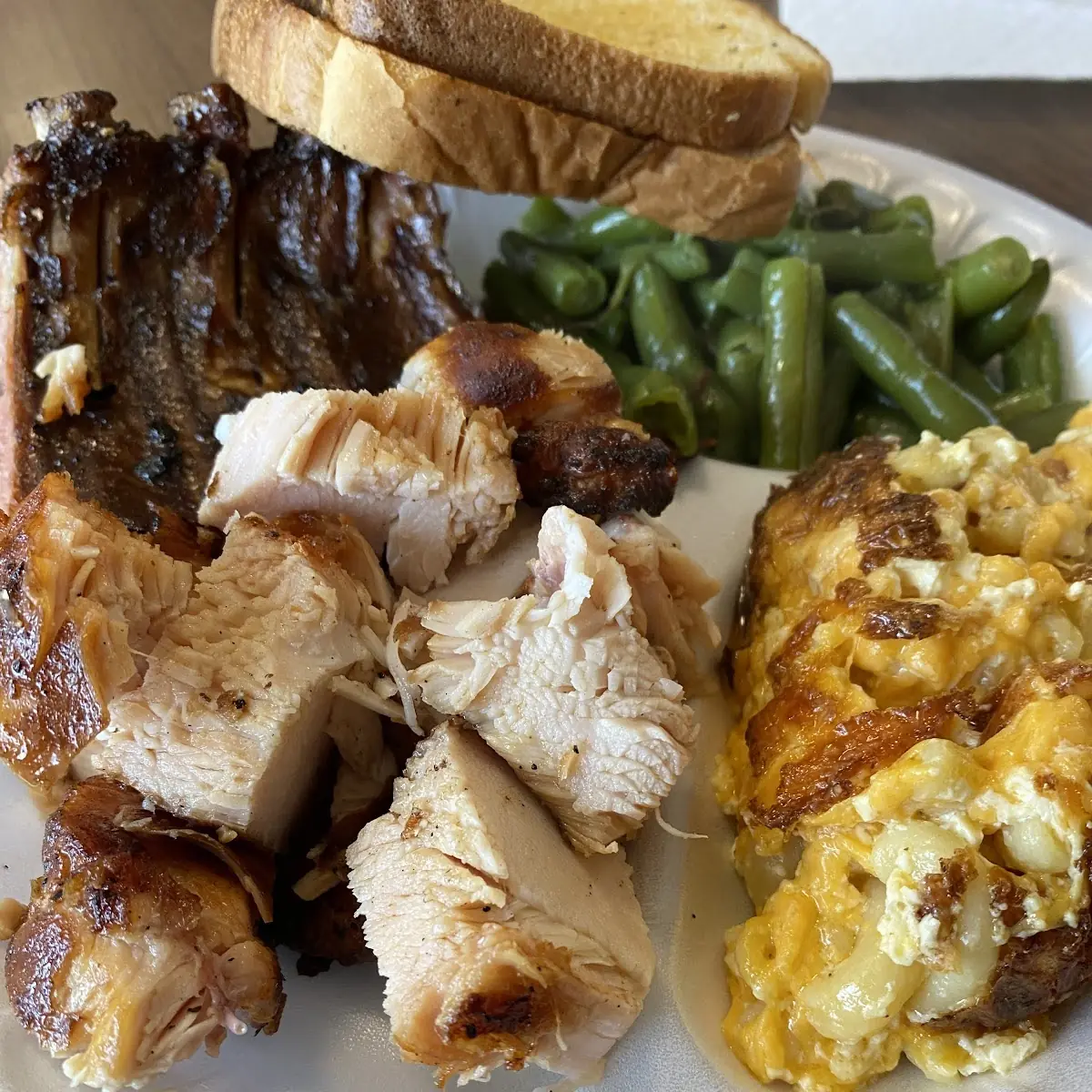 Ribs Green Beans and Mac and Cheese