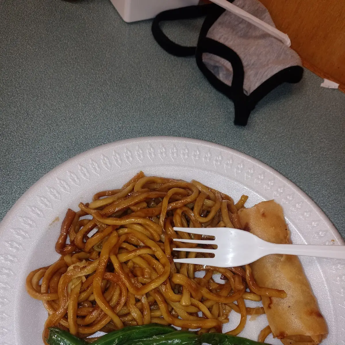 Noodles Eggroll and Green Beans from the Buffet